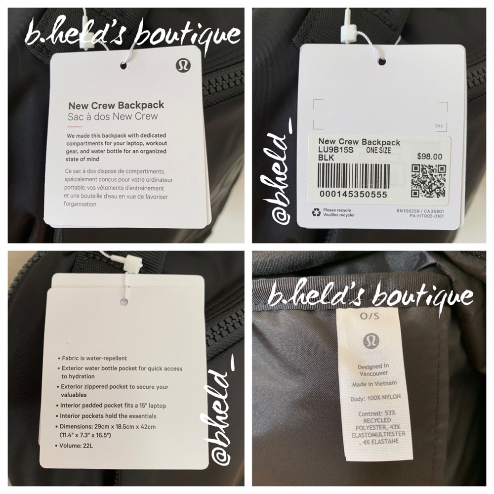 lululemon New Crew Backpack 22L (w/ Keychain) OG Old Style Black Brand New NWT - Picture 5 of 16